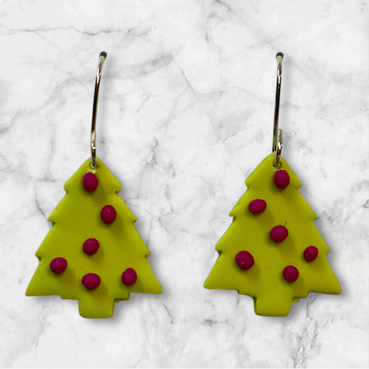 Bright Green Xmas Tree Earrings with Fuschia Ornaments