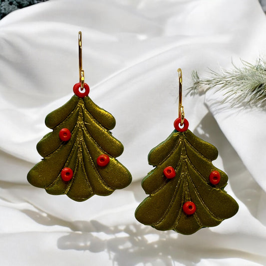 Green Gold Simmer Xmas Tree Earrings with Red Ornaments