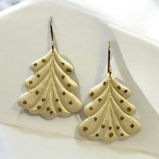 White Shimmery Xmas Tree Earrings with Gold and Silver Decoration